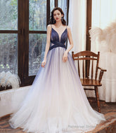 Stylish v neck tulle long A line prom dress blue evening dress